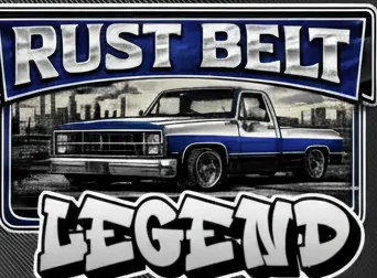 'Rust Belt Legend' graphic featuring a classic truck on a black and white striped background.