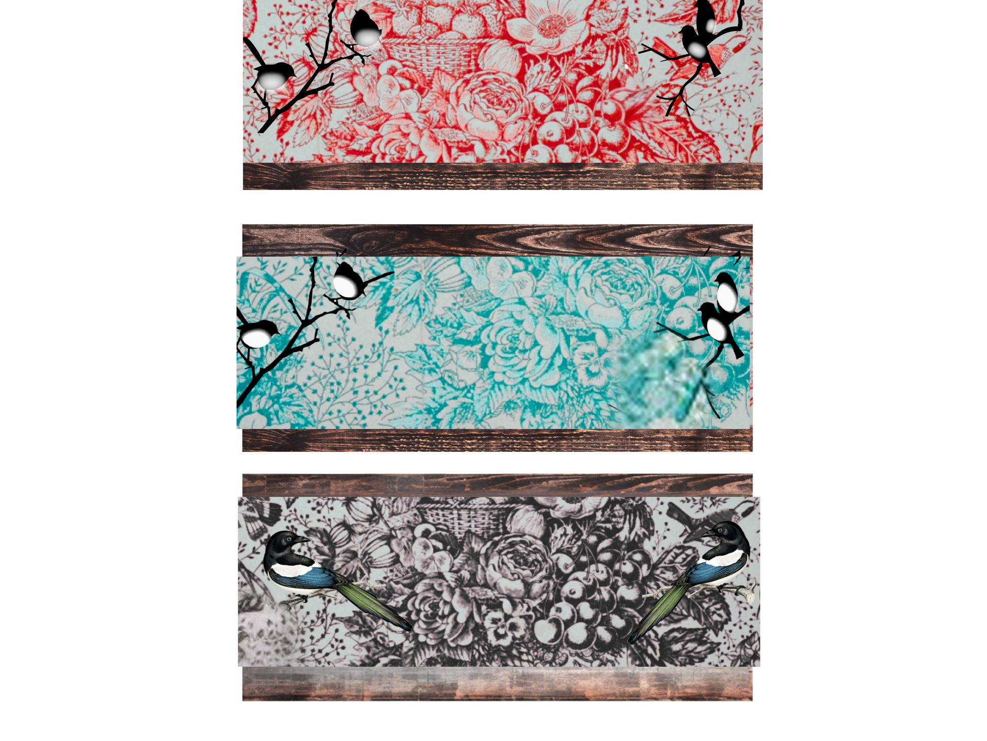 Two decorative Table Runners with floral and bird patterns Red and Turquoise options on a white background