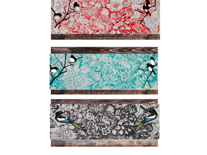 Two decorative Table Runners with floral and bird patterns Red and Turquoise options on a white background