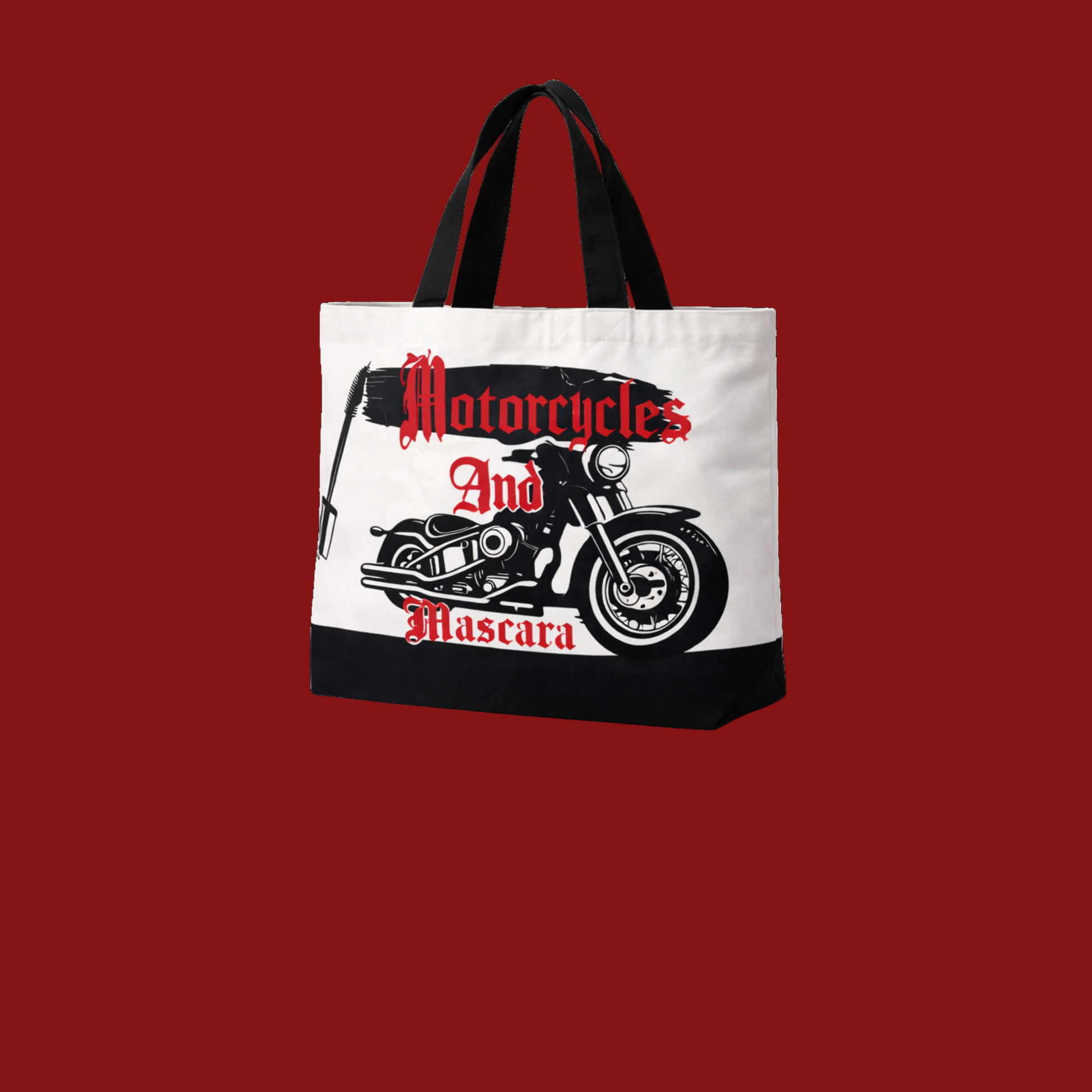 Tote bag with a motorcycleandmascara graphic and text on a white background