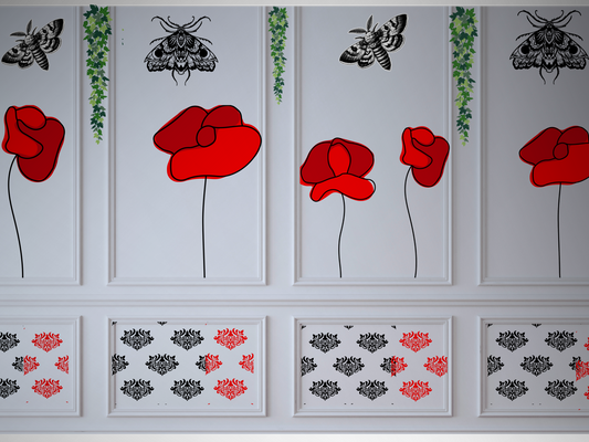 Decorative wall art with red flowers and black moth illustrations on a white background.