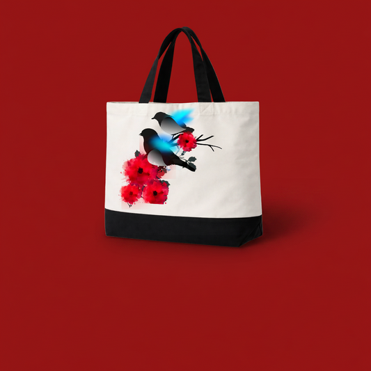 Tote bag with 2 love birds and red watercolor flower design on a white tote bag background