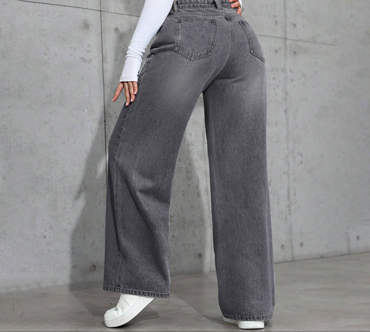 European And American-style Vintage Gray Washed Wide-leg Womens Jeans