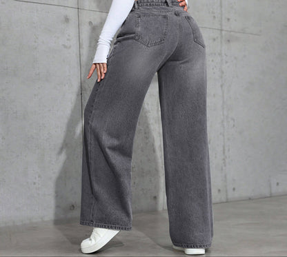European And American-style Vintage Gray Washed Wide-leg Womens Jeans