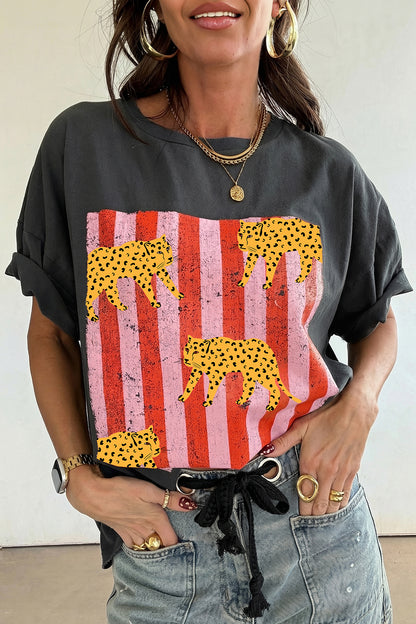Dark Grey Cheetah Striped Print Fashion Graphic Tee