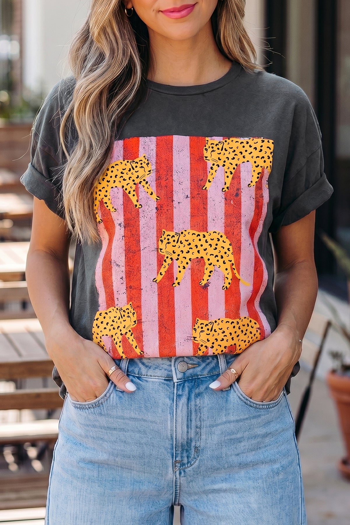 Dark Grey Cheetah Striped Print Fashion Graphic Tee