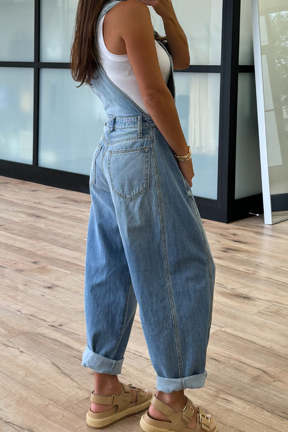 Dusk Blue Adjustable Buckle Barrel Denim Overalls